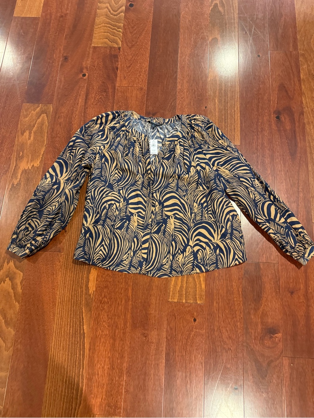 Banana Republic Navy and Tan Zebra-Print Button Front Top